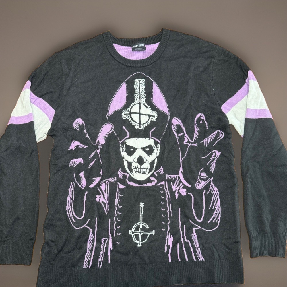 Hot Topic Ghost Band Sweater Size Large Halloween Purple Black Bright